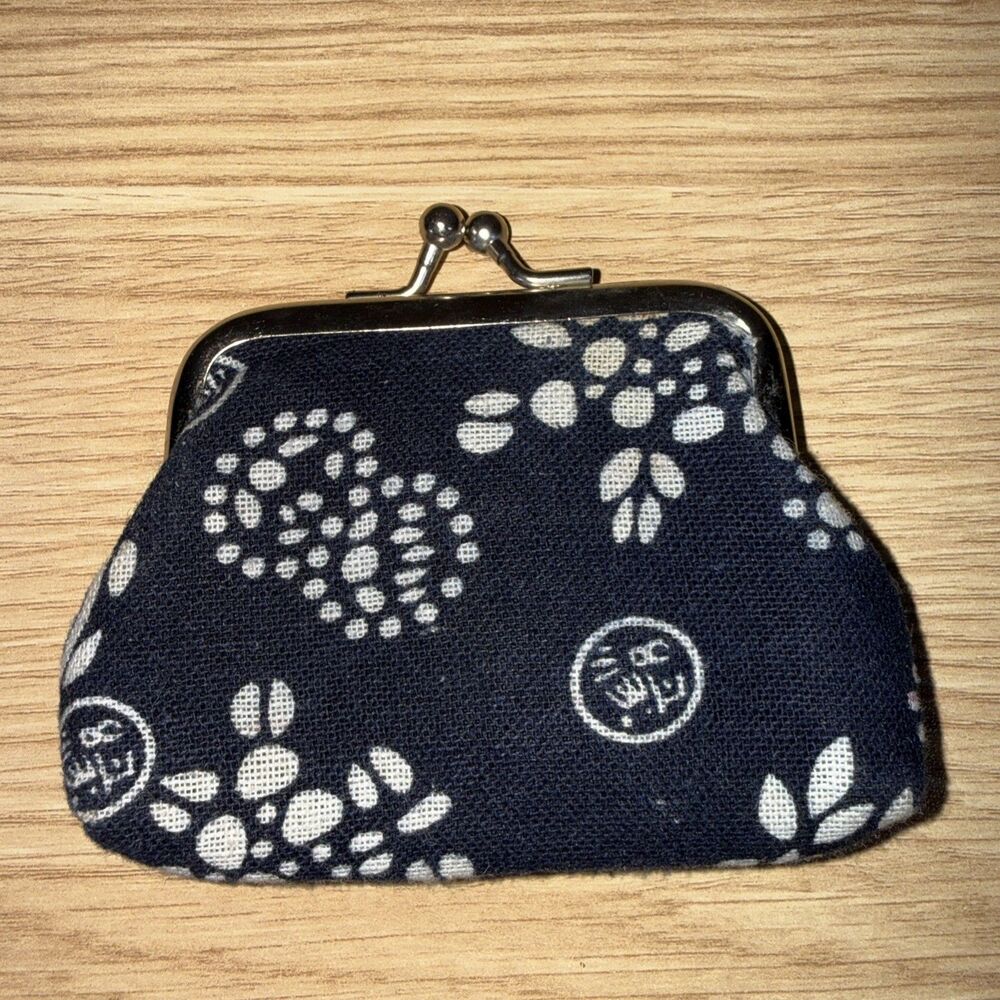 Vintage Chinese Indigo Blue Batik Coin Purse Kiss Lock Fabric Shou Motif Pouch